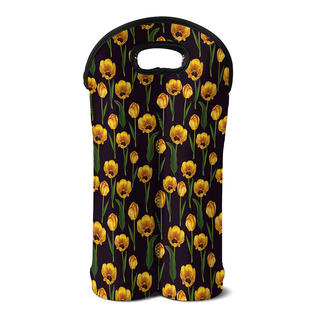 Yellow Tulip Flower Pattern Print Double Neoprene Wine Tote