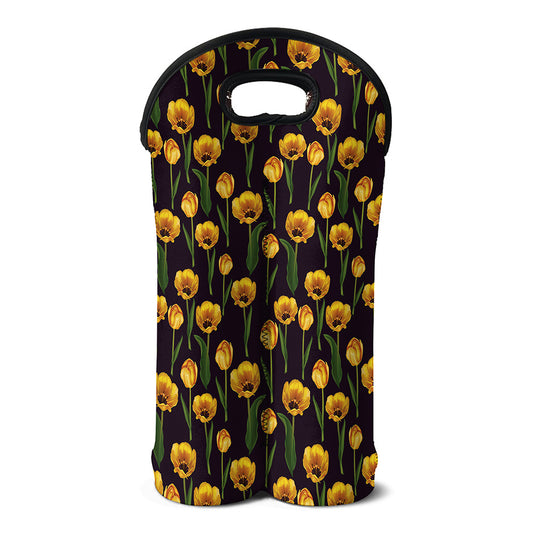 Yellow Tulip Flower Pattern Print Double Neoprene Wine Tote