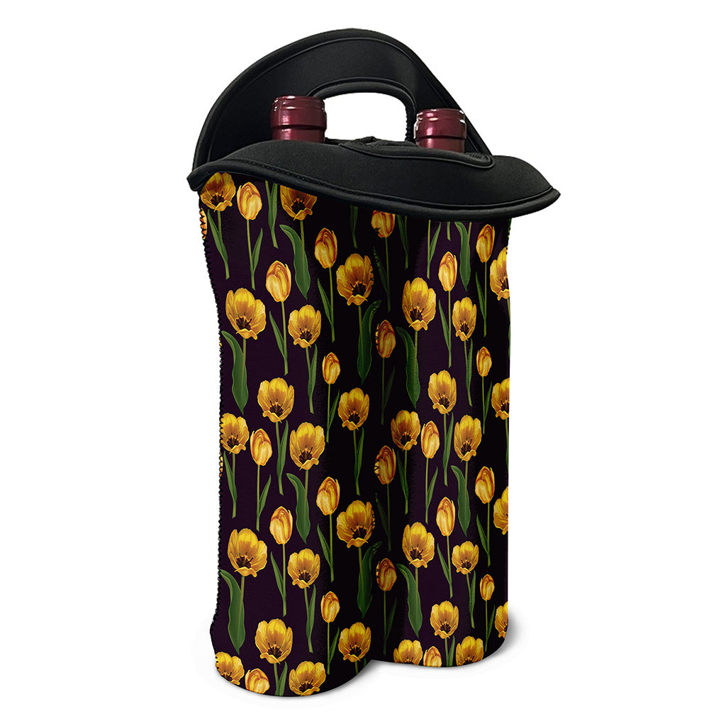 Yellow Tulip Flower Pattern Print Double Neoprene Wine Tote