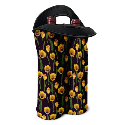 Yellow Tulip Flower Pattern Print Double Neoprene Wine Tote