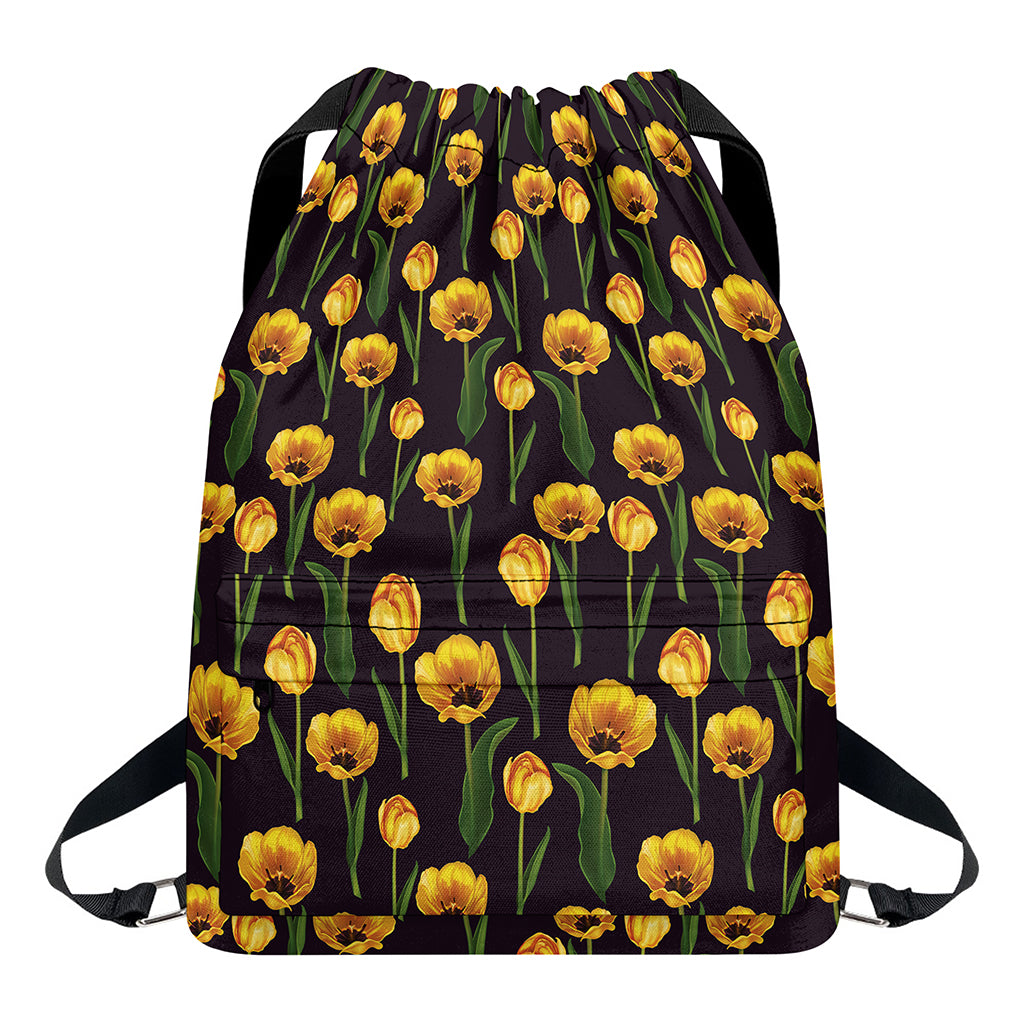 Yellow Tulip Flower Pattern Print Drawstring Backpack