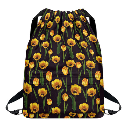 Yellow Tulip Flower Pattern Print Drawstring Backpack