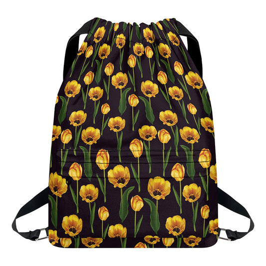 Yellow Tulip Flower Pattern Print Drawstring Backpack