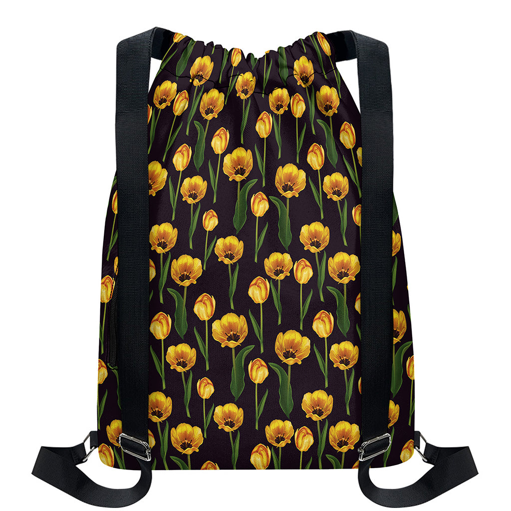 Yellow Tulip Flower Pattern Print Drawstring Backpack