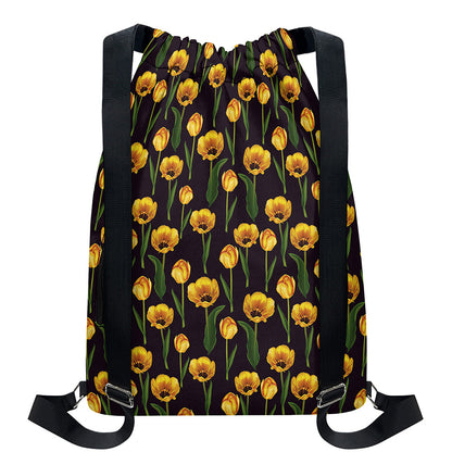 Yellow Tulip Flower Pattern Print Drawstring Backpack