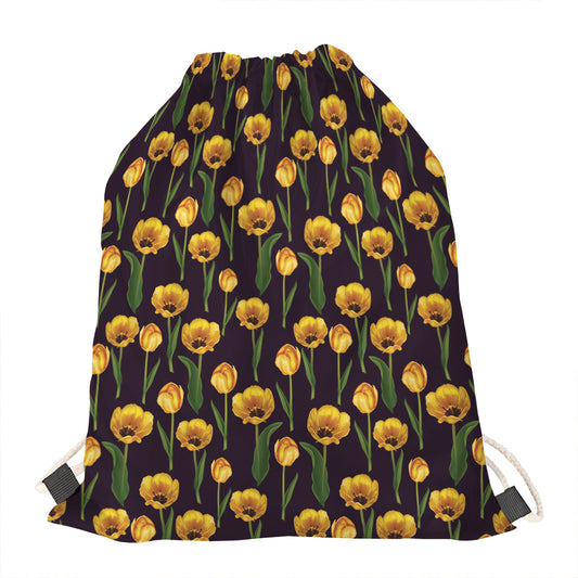 Yellow Tulip Flower Pattern Print Drawstring Bag