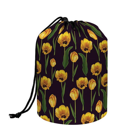 Yellow Tulip Flower Pattern Print Drawstring Makeup Bag