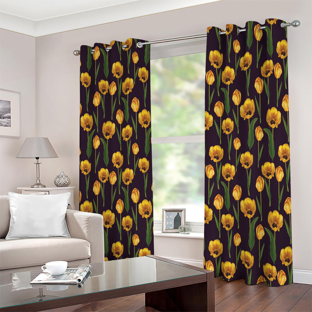 Yellow Tulip Flower Pattern Print Extra Wide Grommet Curtains