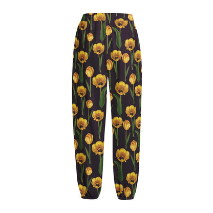 Yellow Tulip Flower Pattern Print Fleece Lined Knit Pants
