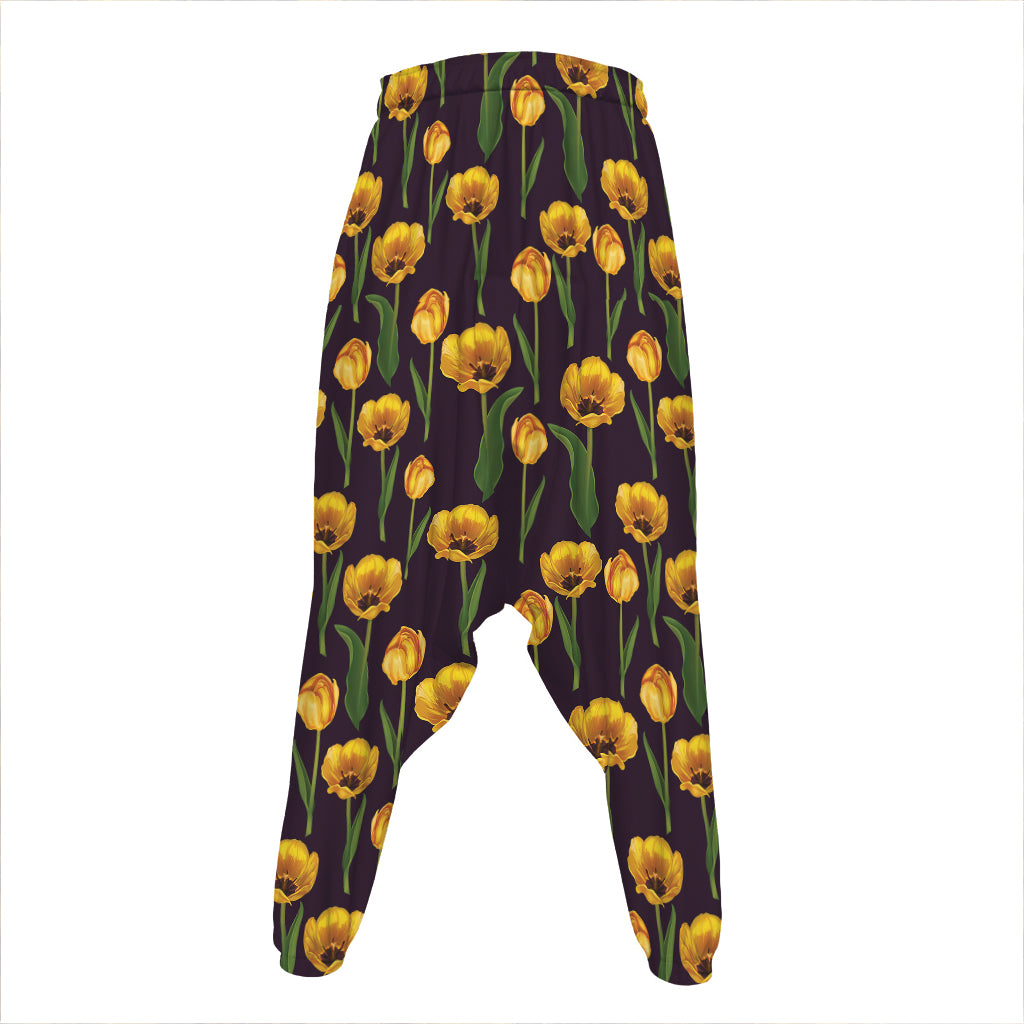 Yellow Tulip Flower Pattern Print Hammer Pants