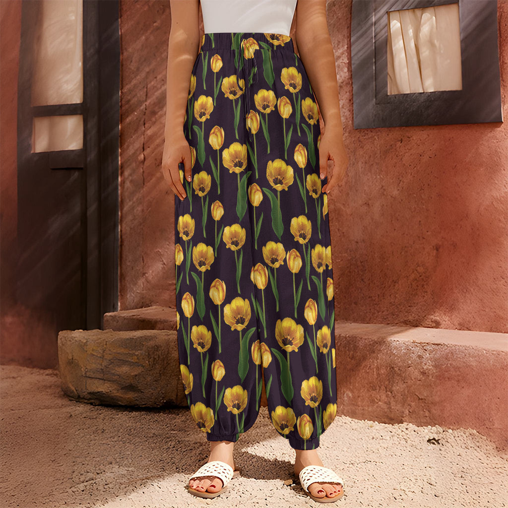 Yellow Tulip Flower Pattern Print Harem Pants