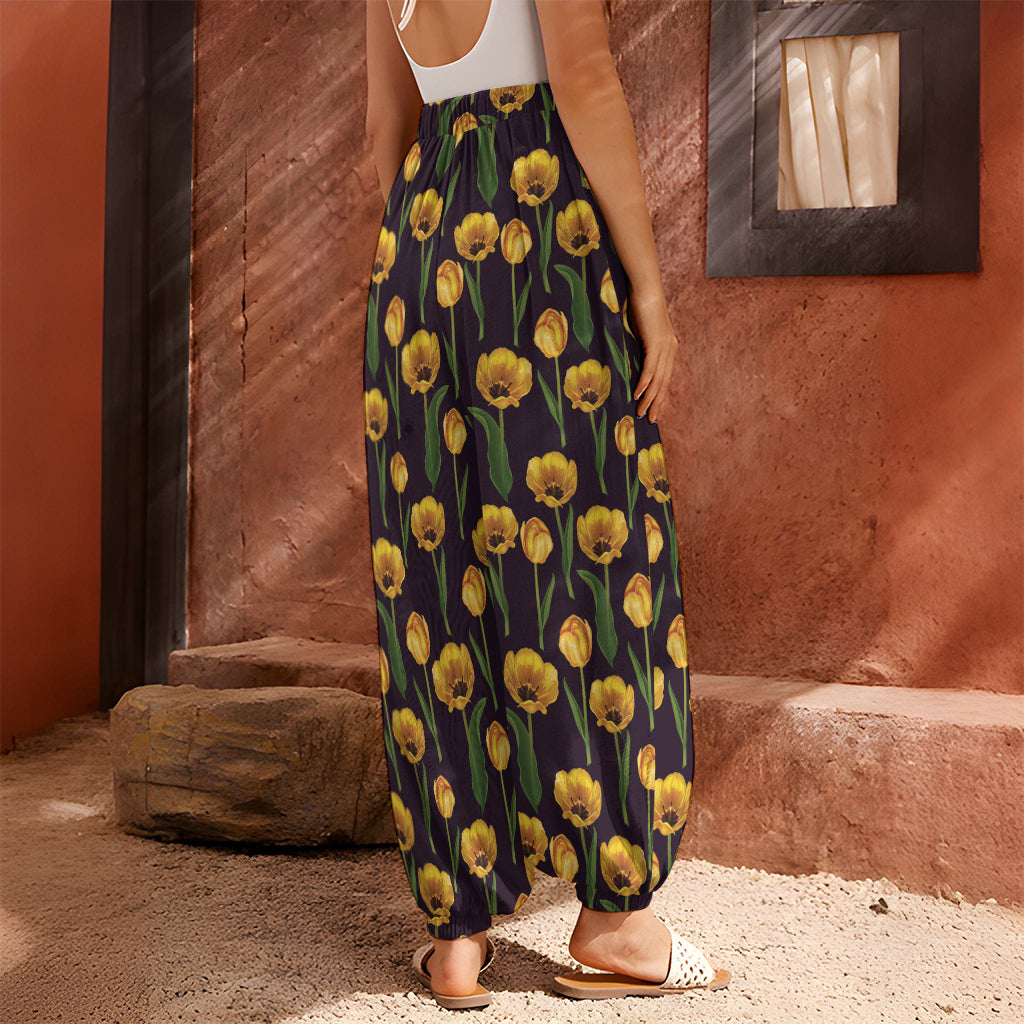 Yellow Tulip Flower Pattern Print Harem Pants