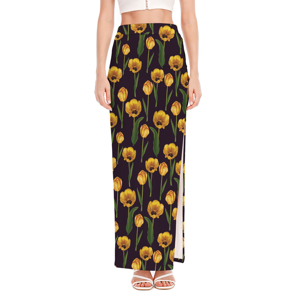 Yellow Tulip Flower Pattern Print High Slit Maxi Skirt