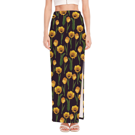 Yellow Tulip Flower Pattern Print High Slit Maxi Skirt