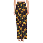Yellow Tulip Flower Pattern Print High Slit Maxi Skirt