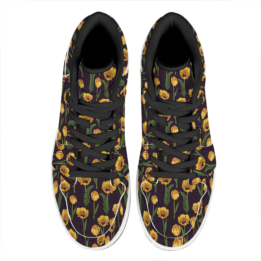 Yellow Tulip Flower Pattern Print High Top Leather Sneakers