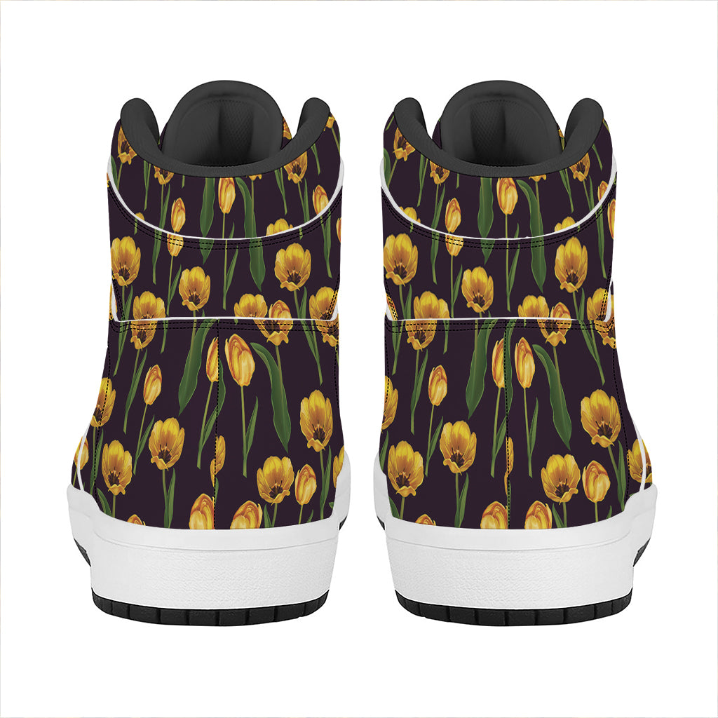 Yellow Tulip Flower Pattern Print High Top Leather Sneakers