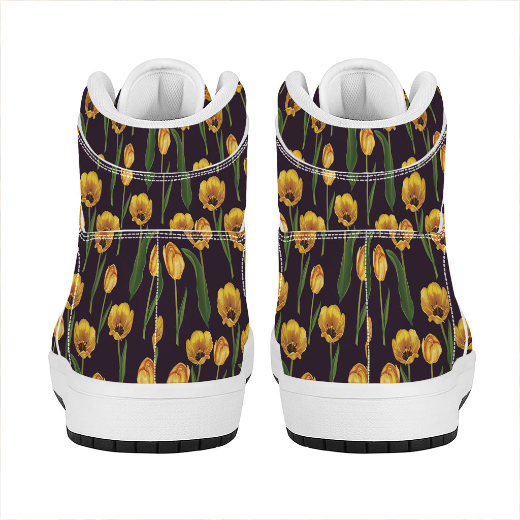 Yellow Tulip Flower Pattern Print High Top Leather Sneakers