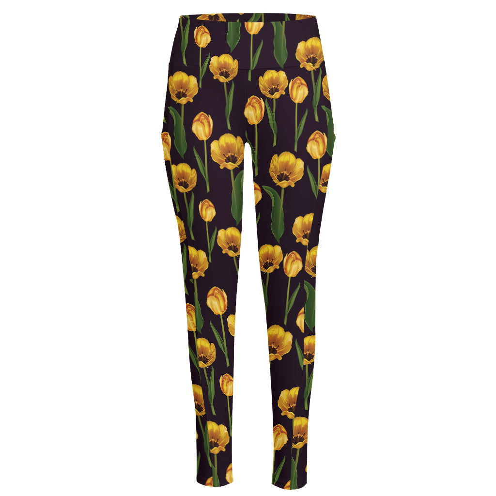 Yellow Tulip Flower Pattern Print High-Waisted Pocket Leggings