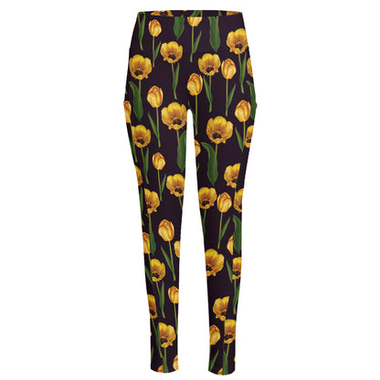 Yellow Tulip Flower Pattern Print High-Waisted Pocket Leggings
