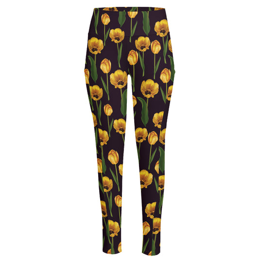 Yellow Tulip Flower Pattern Print High-Waisted Pocket Leggings