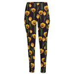 Yellow Tulip Flower Pattern Print High-Waisted Pocket Leggings