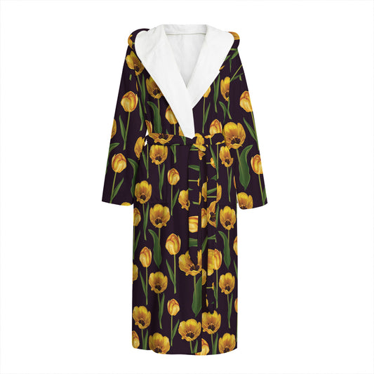 Yellow Tulip Flower Pattern Print Hooded Bathrobe