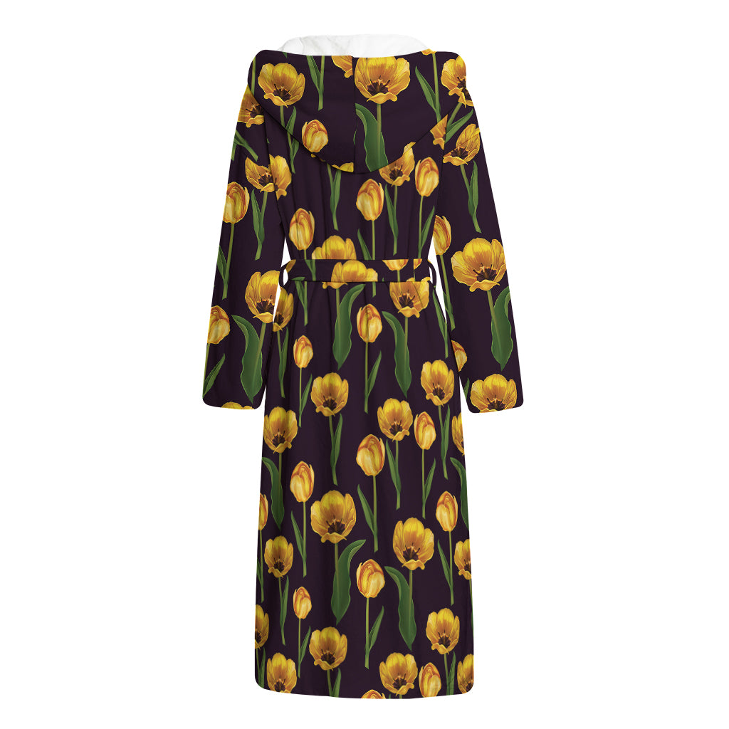 Yellow Tulip Flower Pattern Print Hooded Bathrobe