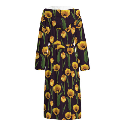 Yellow Tulip Flower Pattern Print Hooded Bathrobe