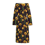 Yellow Tulip Flower Pattern Print Hooded Bathrobe