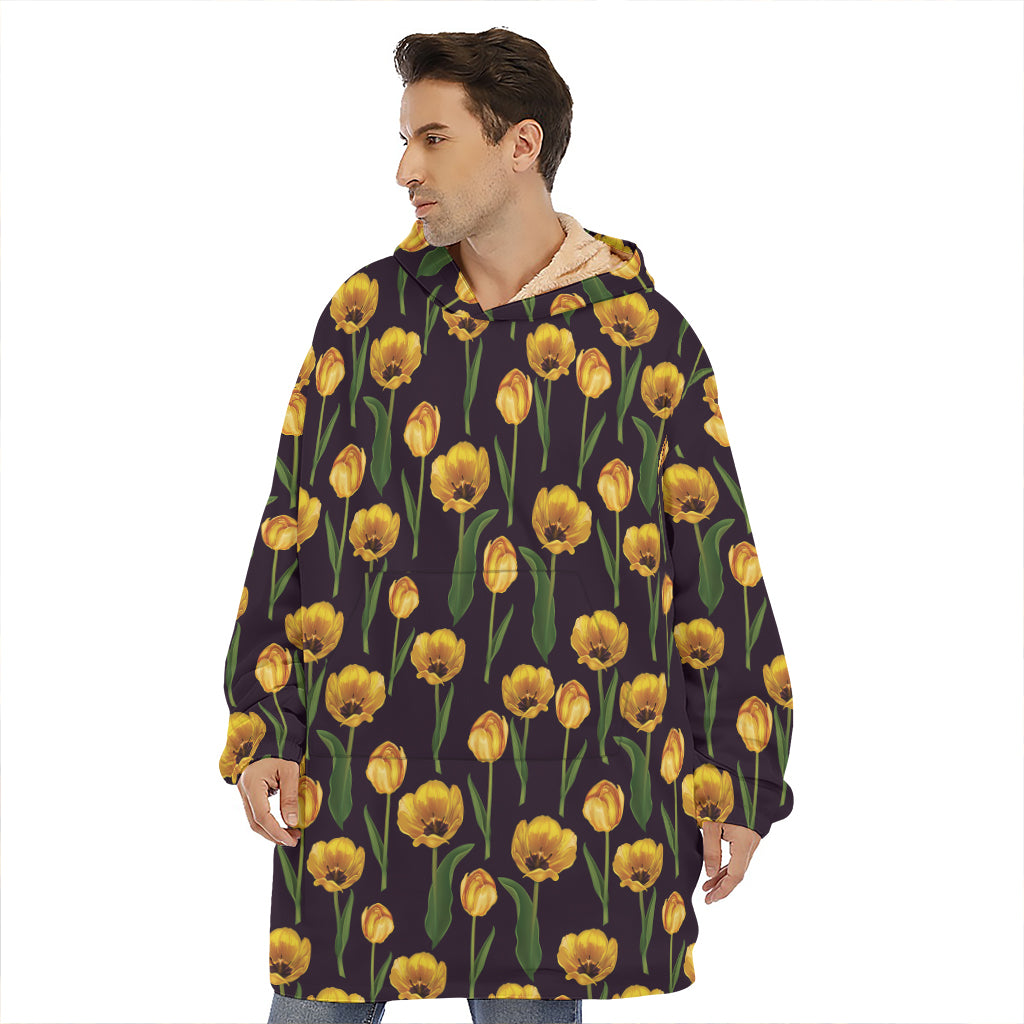 Yellow Tulip Flower Pattern Print Hoodie Blanket