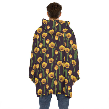 Yellow Tulip Flower Pattern Print Hoodie Blanket