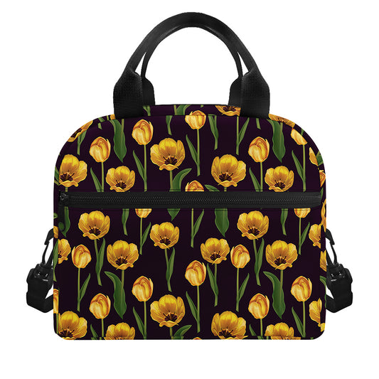 Yellow Tulip Flower Pattern Print Insulated Lunch Bag