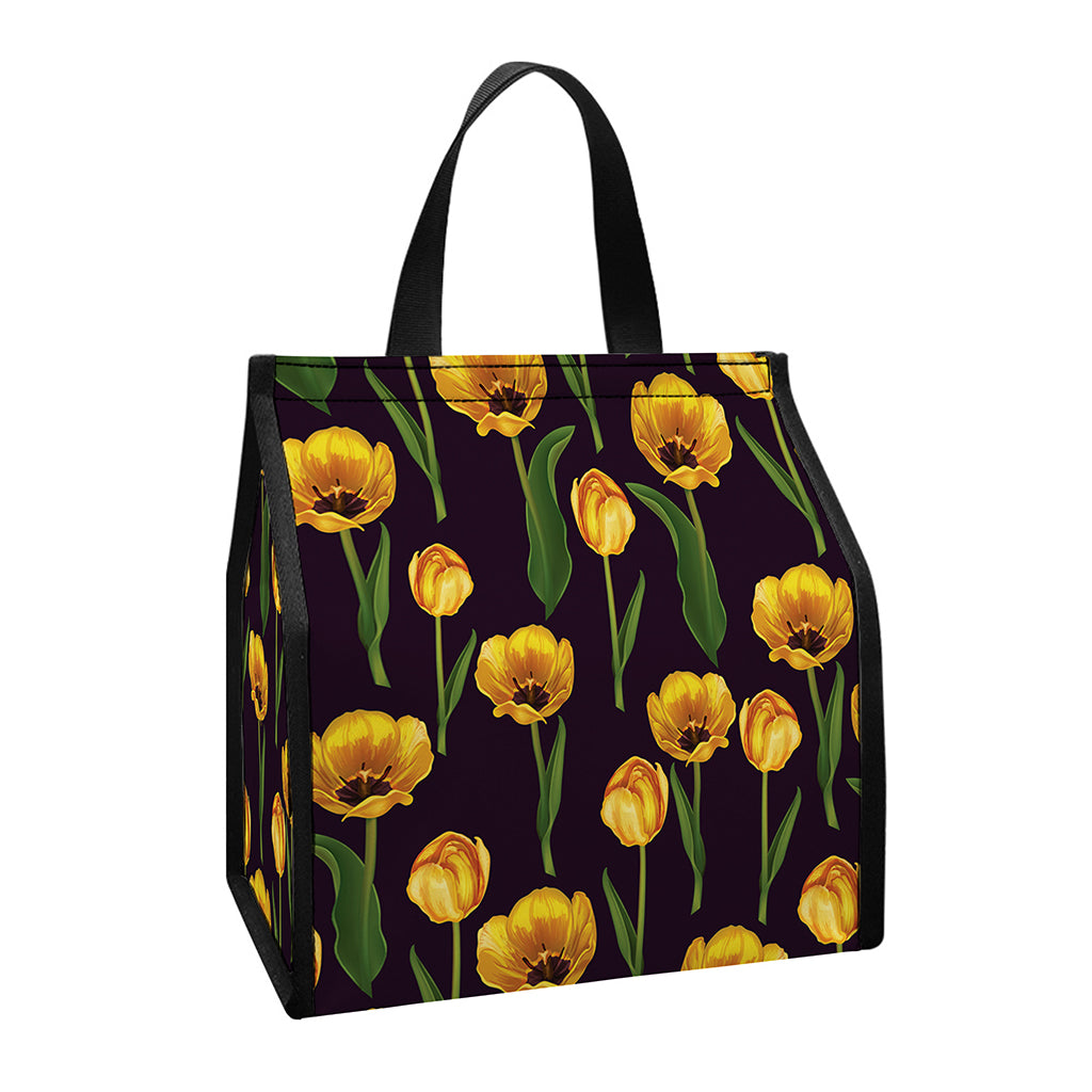 Yellow Tulip Flower Pattern Print Insulated Lunch Tote