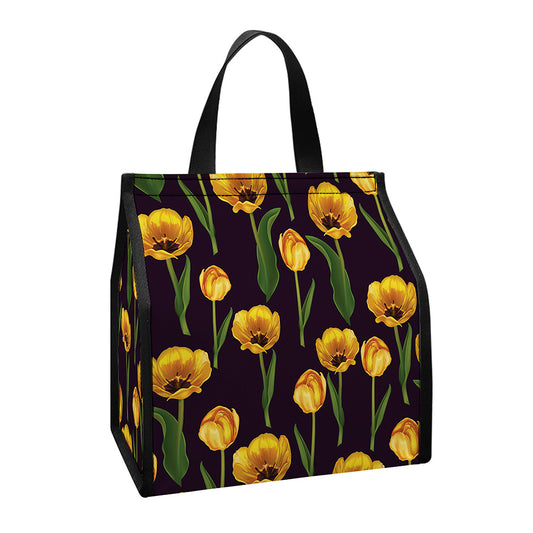 Yellow Tulip Flower Pattern Print Insulated Lunch Tote
