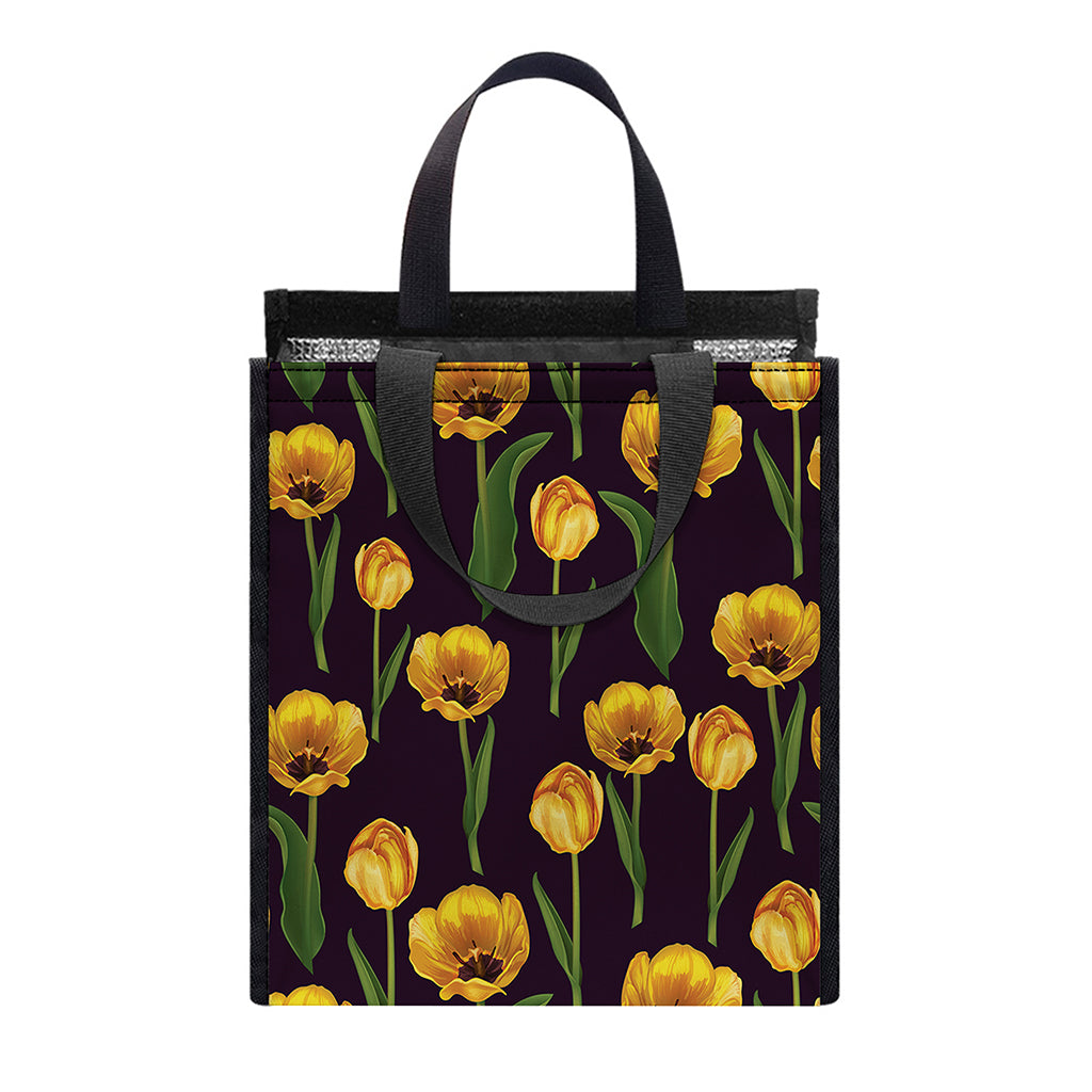 Yellow Tulip Flower Pattern Print Insulated Lunch Tote