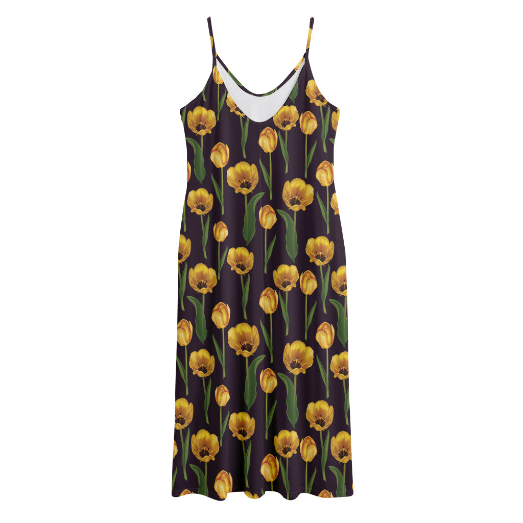 Yellow Tulip Flower Pattern Print Jersey Midi Cami Dress