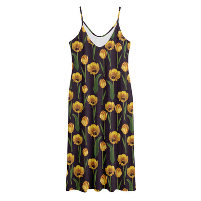 Yellow Tulip Flower Pattern Print Jersey Midi Cami Dress