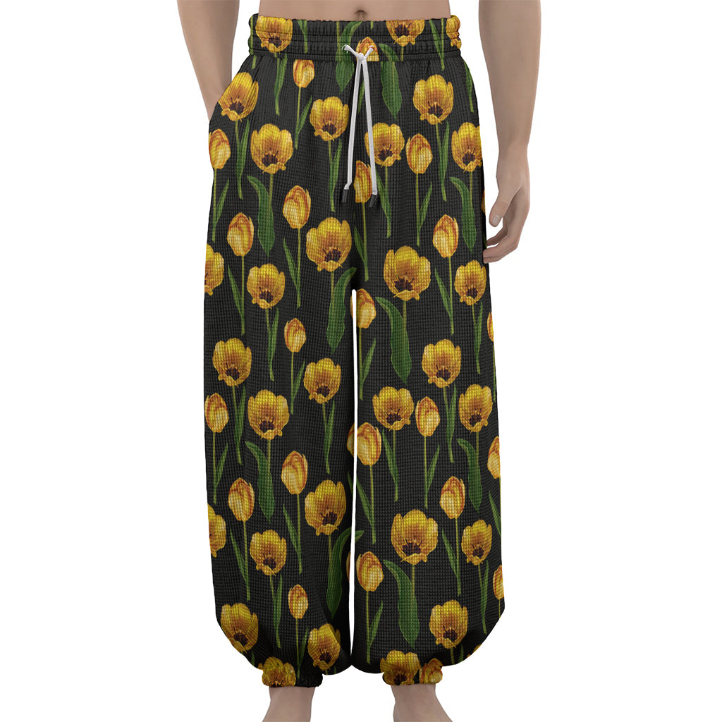 Yellow Tulip Flower Pattern Print Lantern Pants