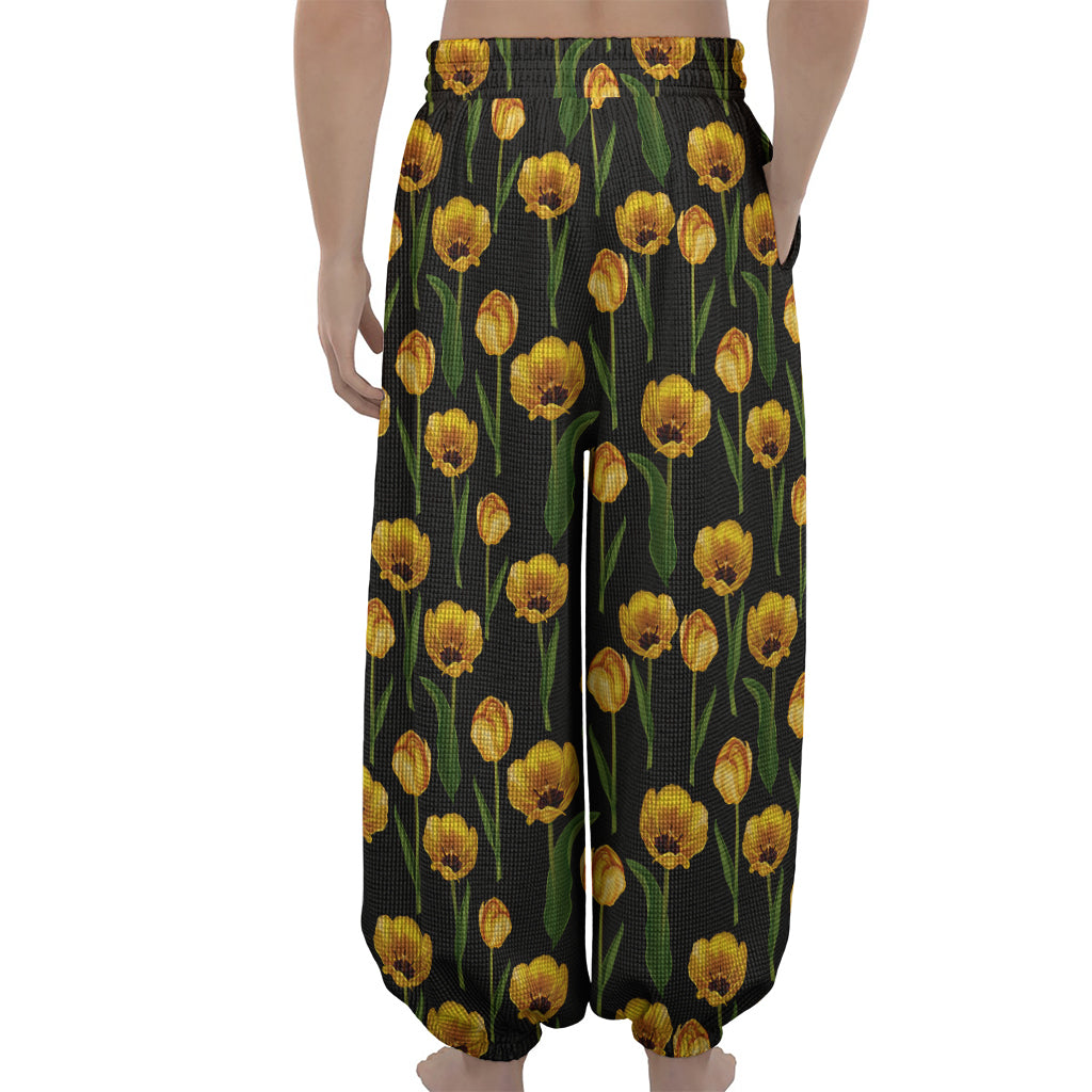 Yellow Tulip Flower Pattern Print Lantern Pants