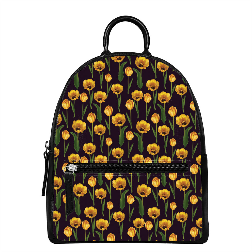 Yellow Tulip Flower Pattern Print Leather Backpack