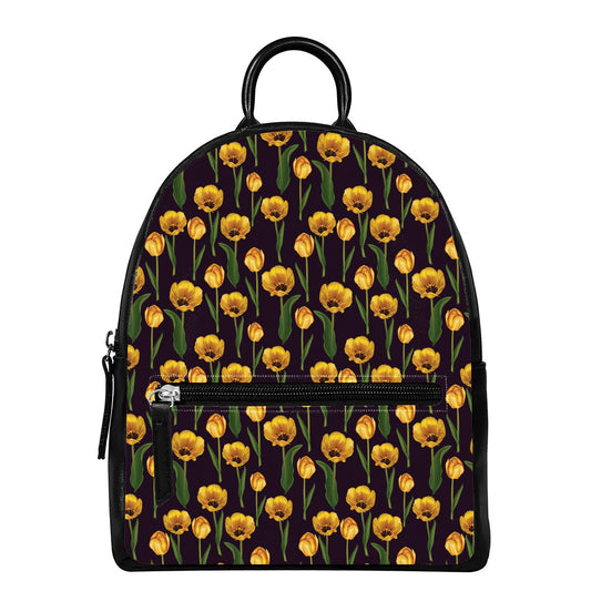 Yellow Tulip Flower Pattern Print Leather Backpack