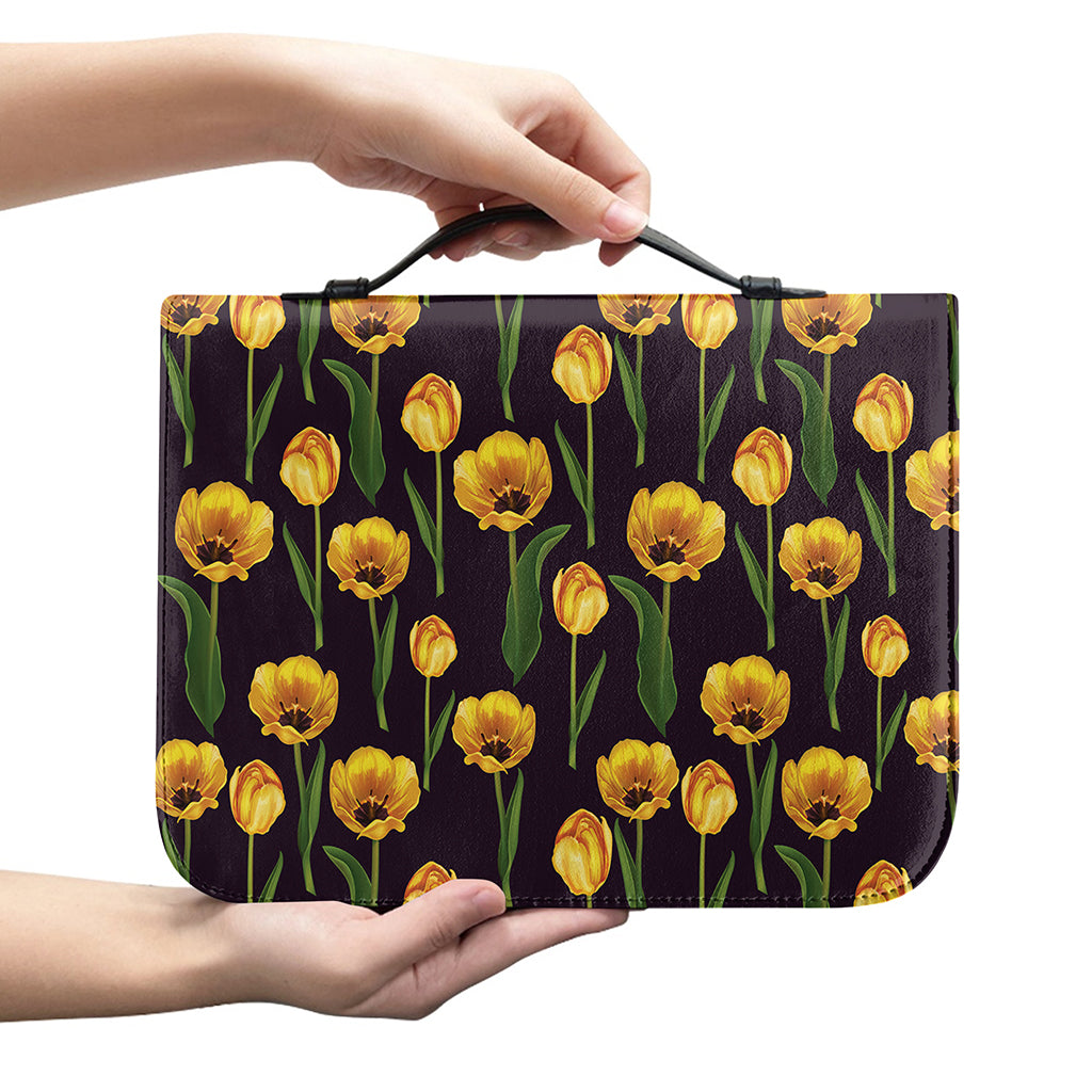Yellow Tulip Flower Pattern Print Leather Bible Cover
