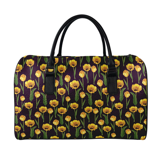 Yellow Tulip Flower Pattern Print Leather Duffle Bag