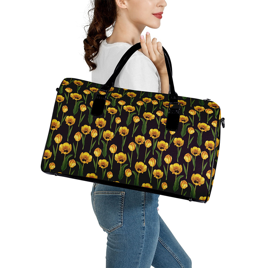 Yellow Tulip Flower Pattern Print Leather Duffle Bag