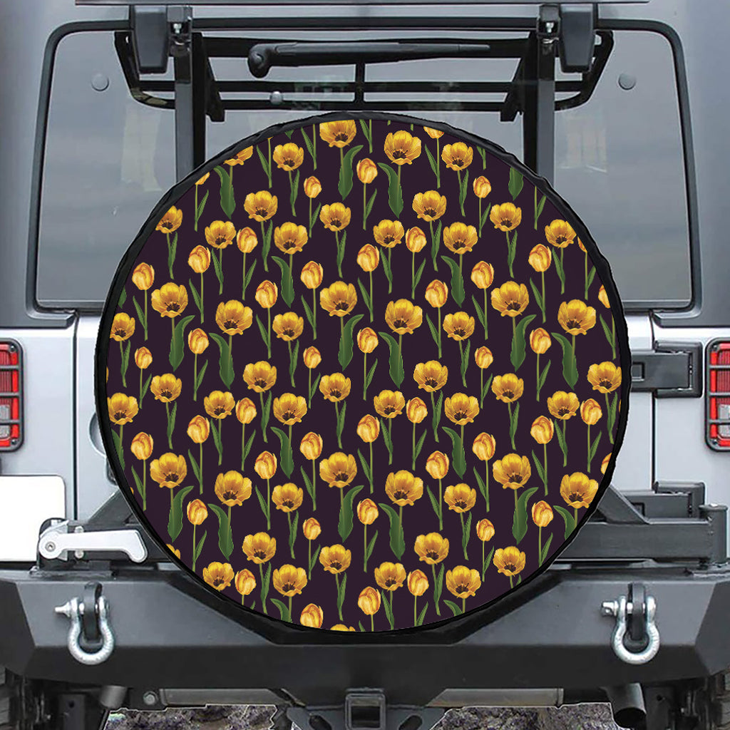 Yellow Tulip Flower Pattern Print Leather Spare Tire Cover