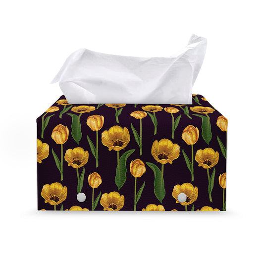 Yellow Tulip Flower Pattern Print Leather Tissue Box Cover
