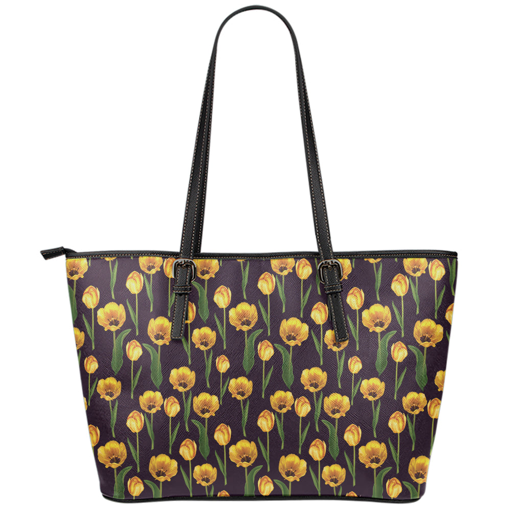 Yellow Tulip Flower Pattern Print Leather Tote Bag