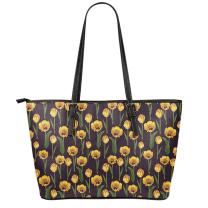 Yellow Tulip Flower Pattern Print Leather Tote Bag