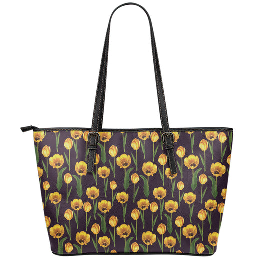 Yellow Tulip Flower Pattern Print Leather Tote Bag